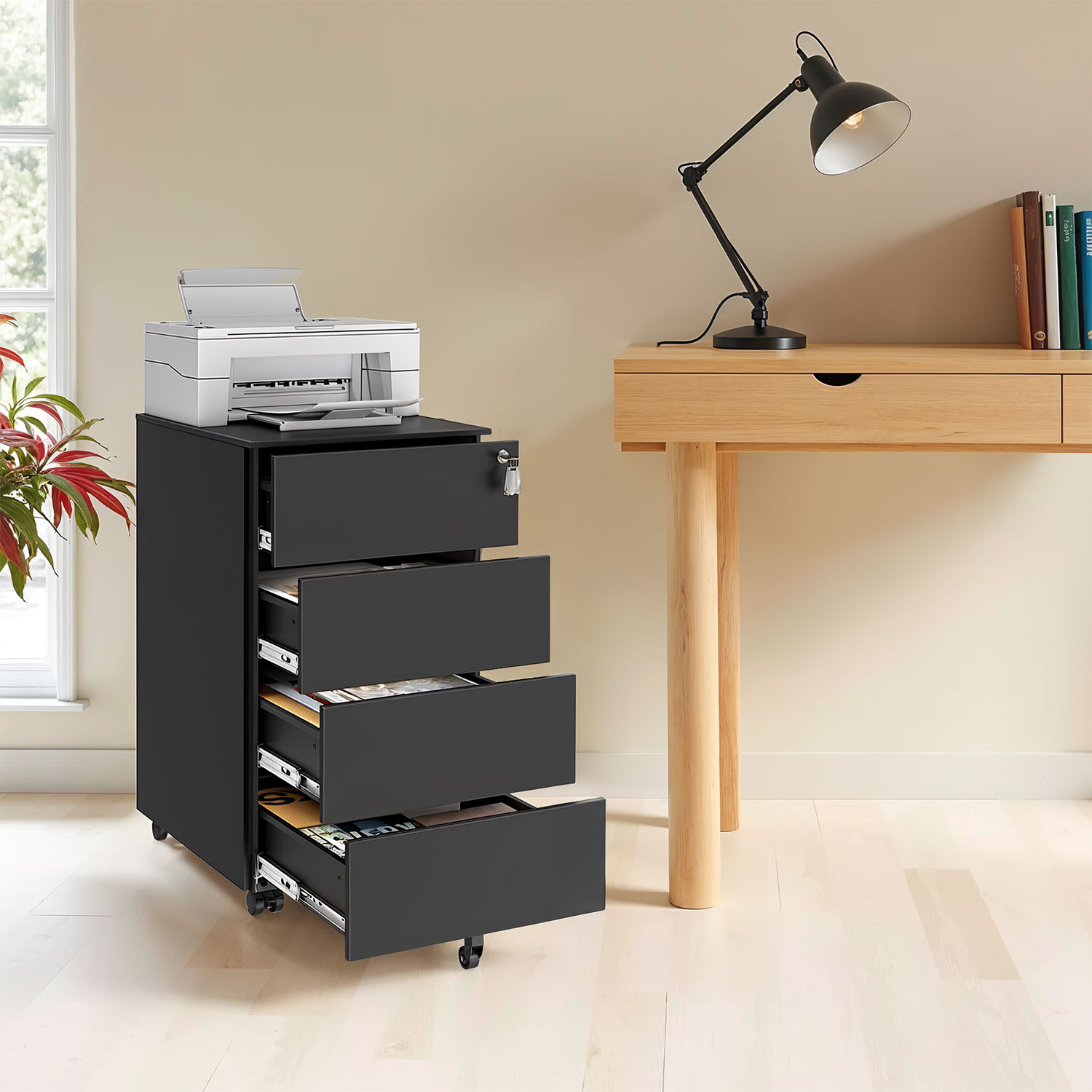 File Cabinet - LUSNA Lockable Mobile 4 Drawer - Black - Indigo Home