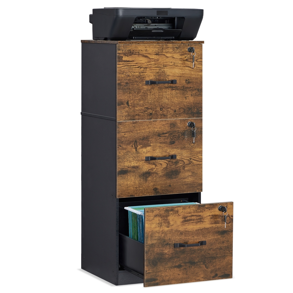 ORPOFE 3 Drawer Lockable Filing Cabinet - Rustic Brown and Ink Black - Indigo Home
