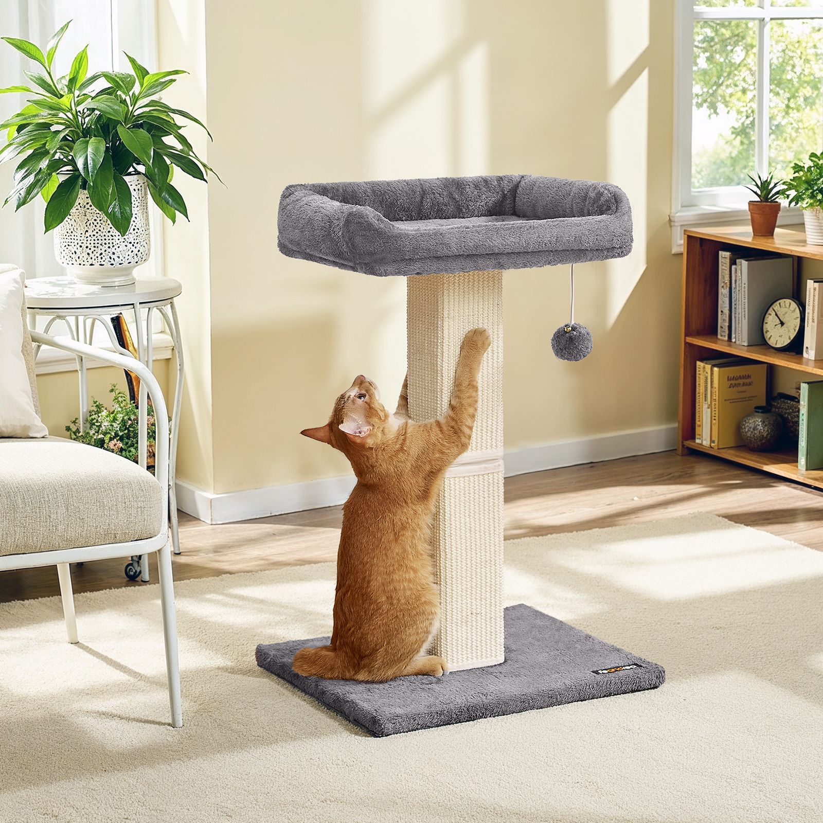 Cat Scratching Post - MARRAE Plush Perch with Sisal Rope - Light Grey - Indigo Home