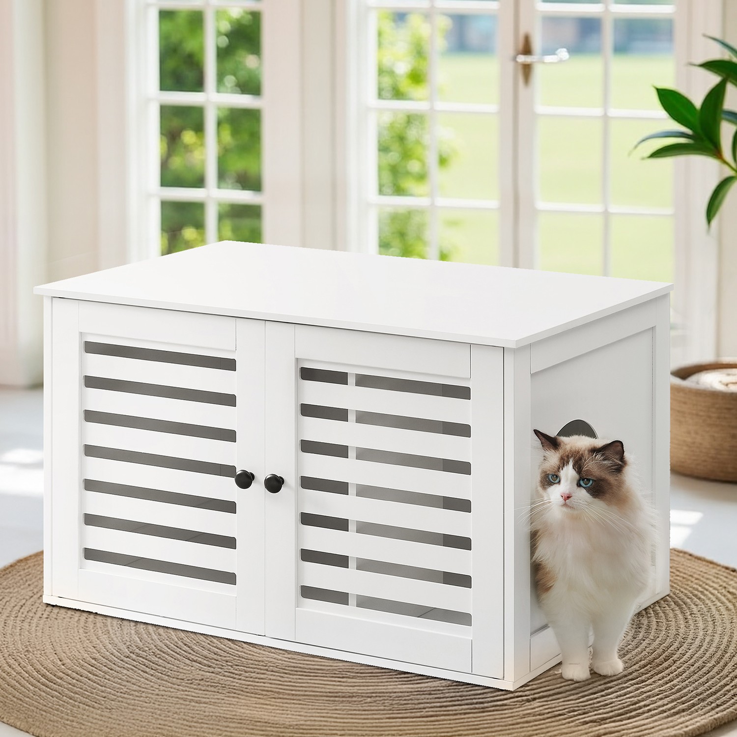 Cat Litter Box Cabinet - MARRAE Enclosed Pet Furniture with Removable Divider - White - Indigo Home