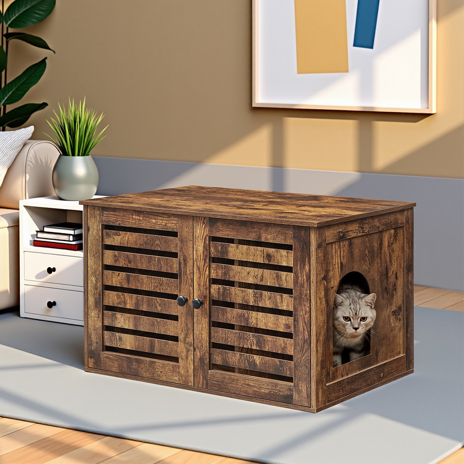 Cat Litter Box Cabinet - MARRAE Enclosed Pet Furniture with Removable Divider - Brown - Indigo Home
