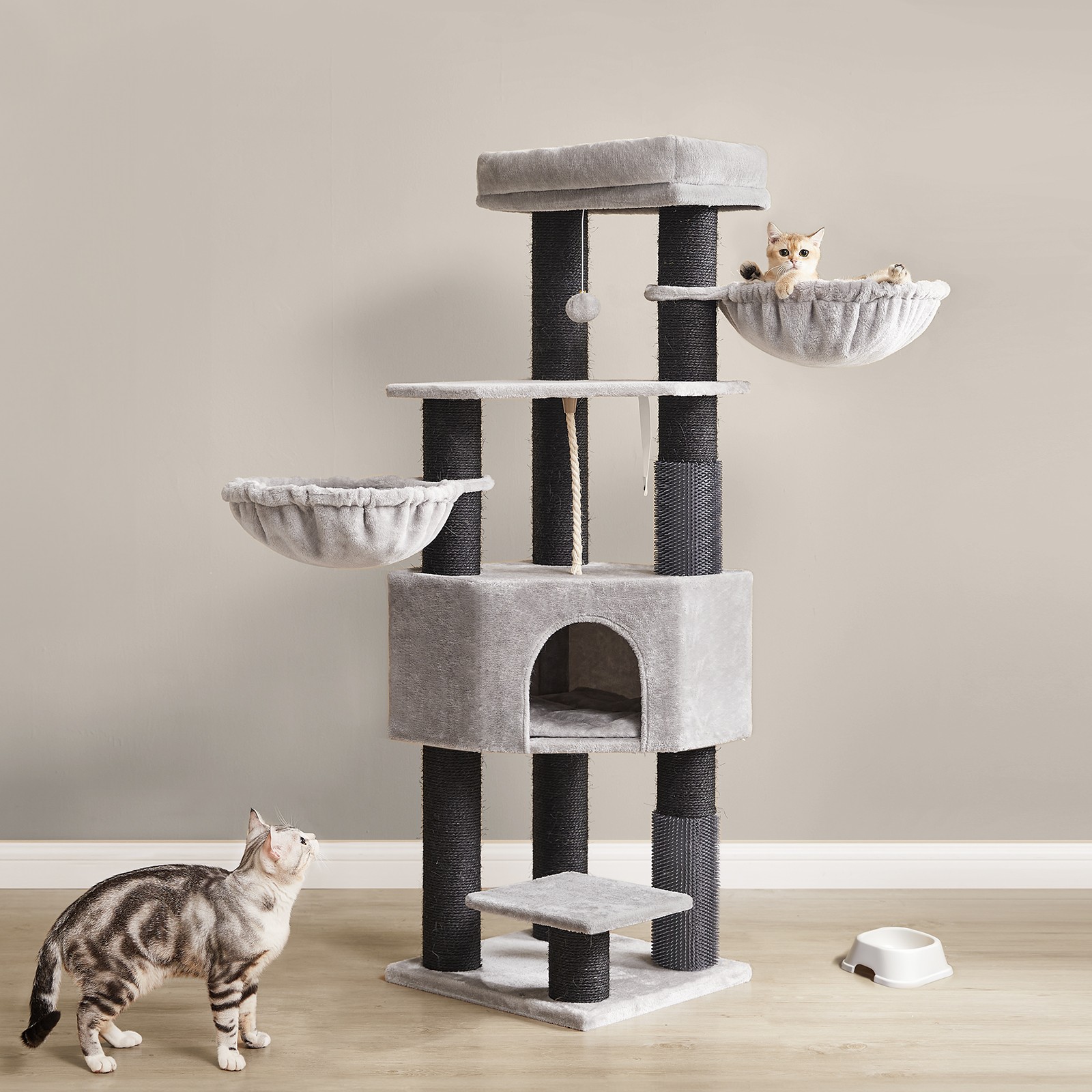 Cat Tree - MARRAE Heavy Duty Tower with Self-Warming Pads and Groomer - Grey - Indigo Home