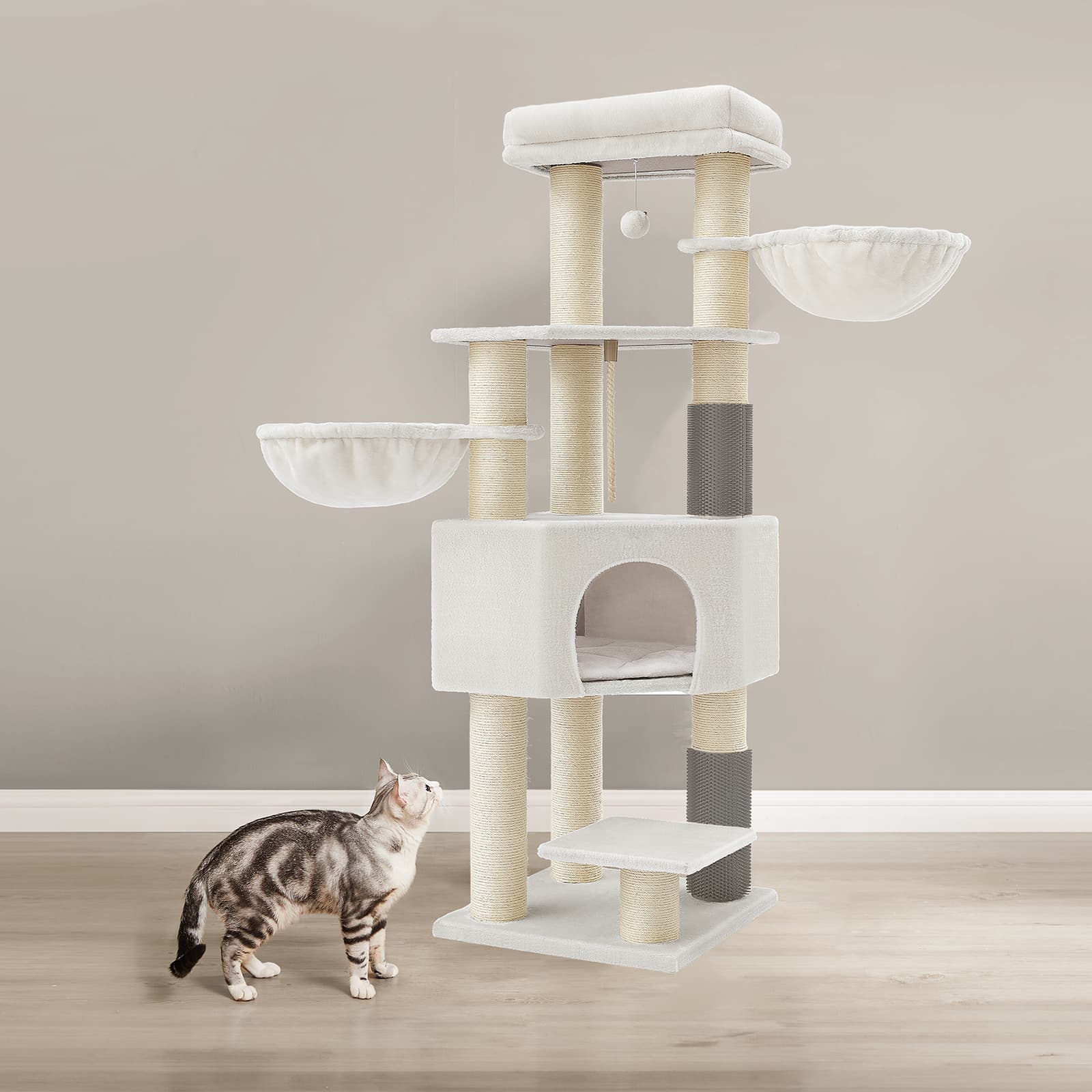Cat Tree - MARRAE Large Cat Condo with Scratching Posts - White and Beige - Indigo Home