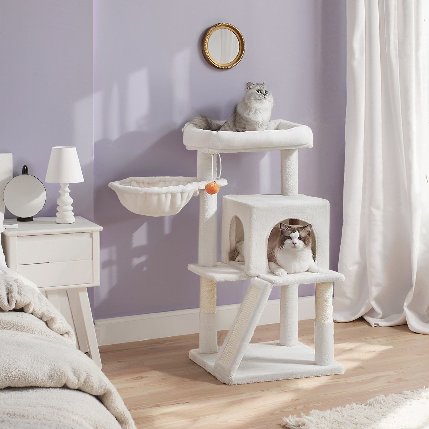 Cat Tree - MARRAE Small Tower with Widened Perch for Large Cats and Kitten - White - Indigo Home