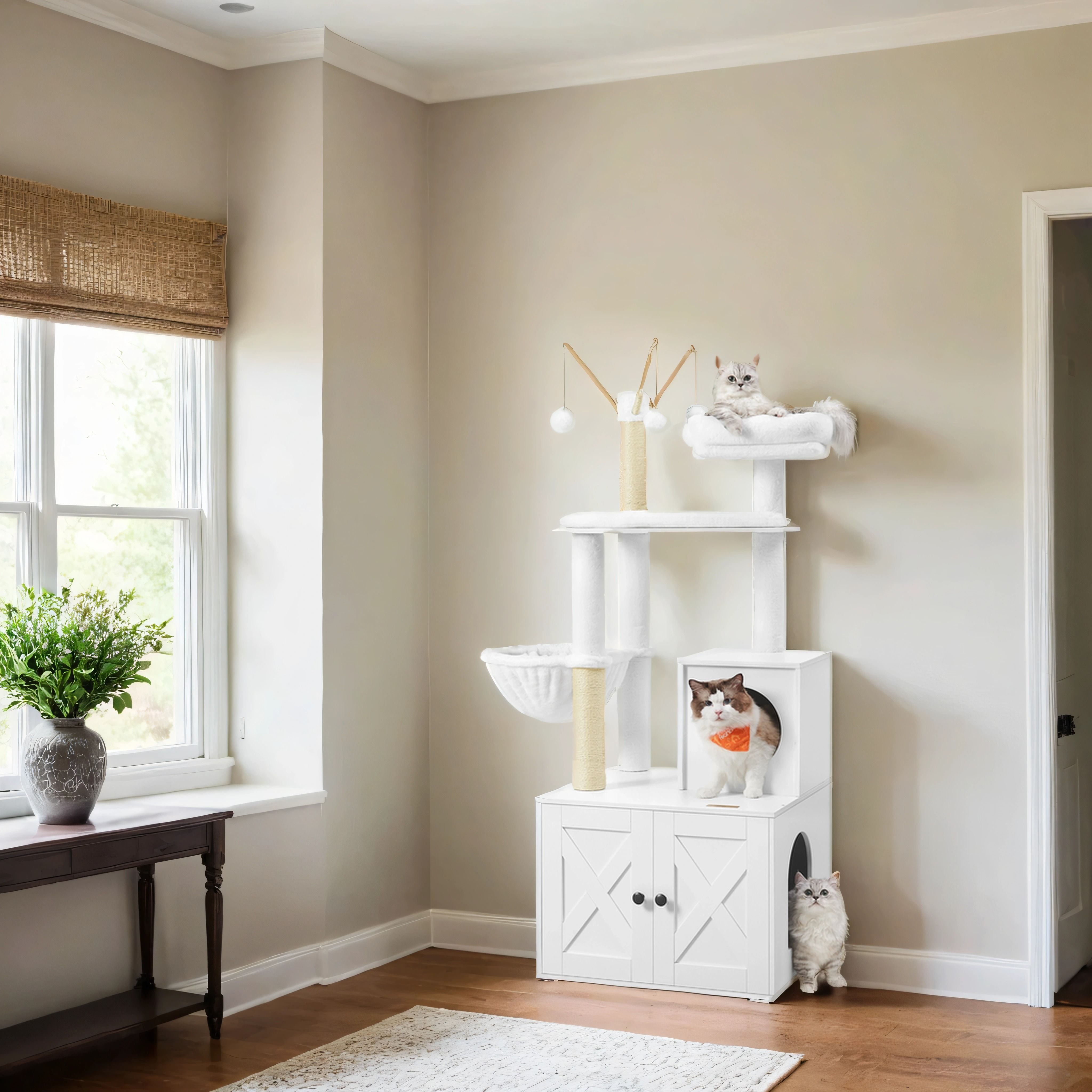 Cat Tree - MARRAE Hidden Litter Box Furniture Scratching Posts Pompom Stick - White - Indigo Home