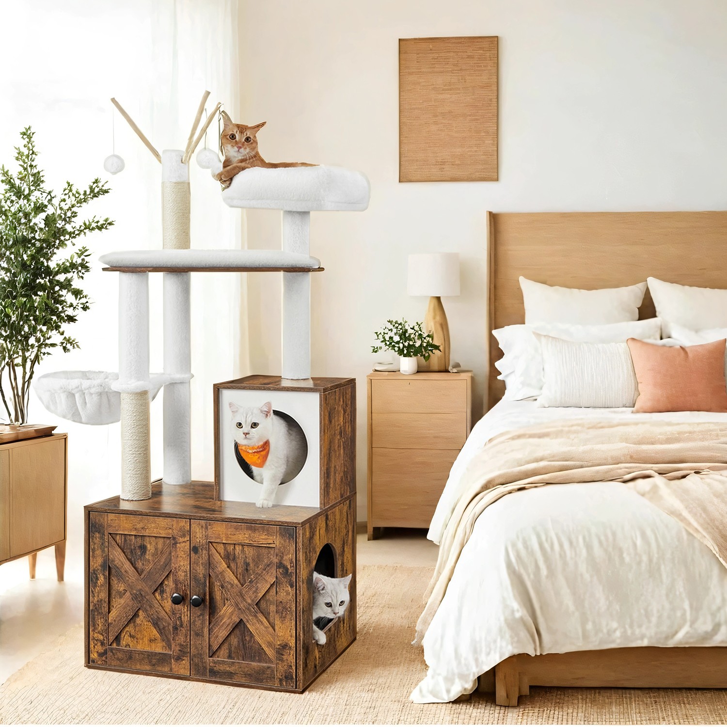 Cat Tree - MARRAE Hidden Litter Box Furniture Scratching Posts Pompom Stick - Rustic Brown - Indigo Home