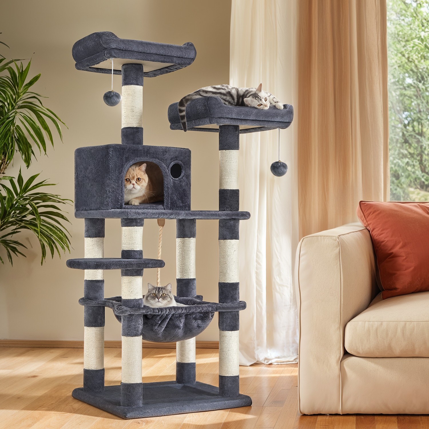 Cat Tree - MARRAE Multi Level Condo Tree with 11 Scratching Posts and 2 Perches - Grey - Indigo Home