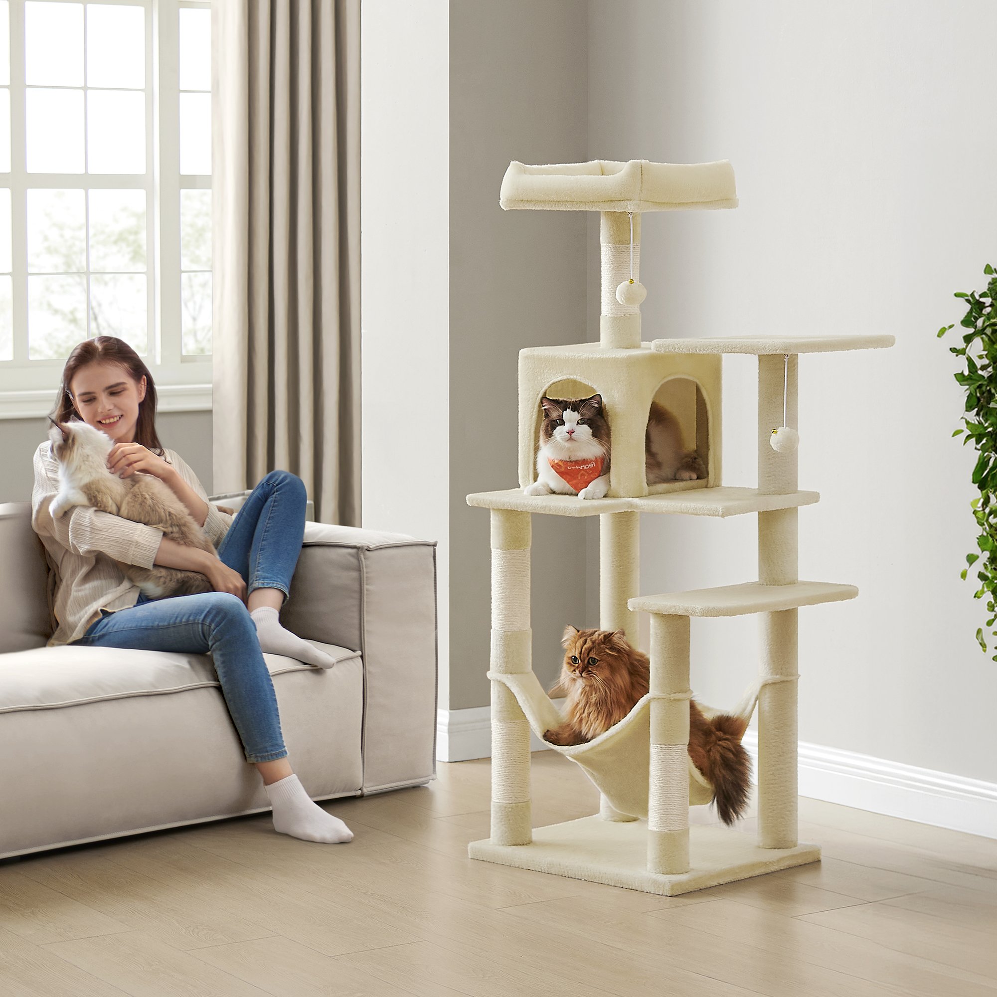 Cat Tree - MARRAE Multi Level Condo with 4 Scratching Posts and 2 Perches - Beige - Indigo Home