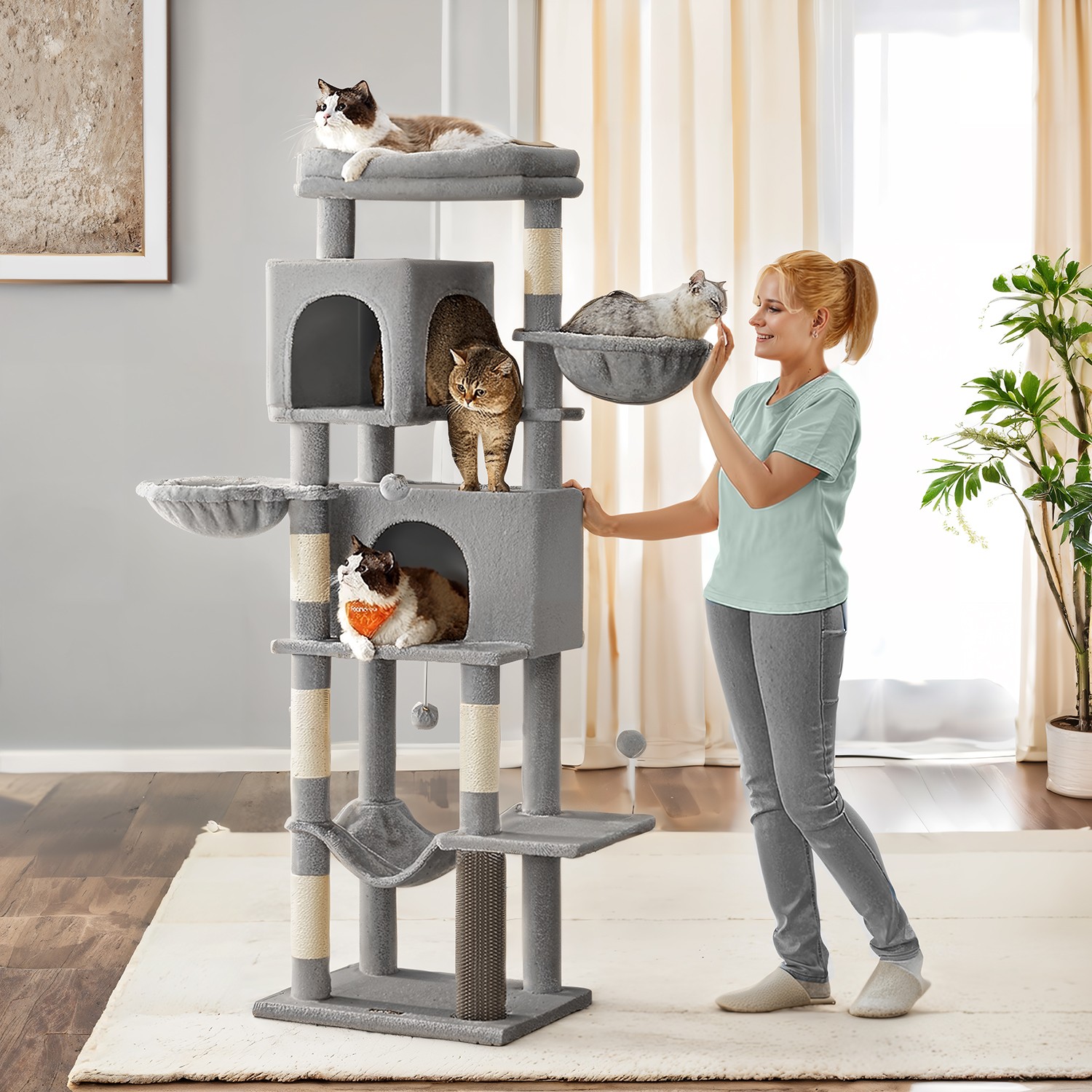 Cat Tree - MARRAE Multi Level Condo with 2 Caves - Dove Grey - Indigo Home