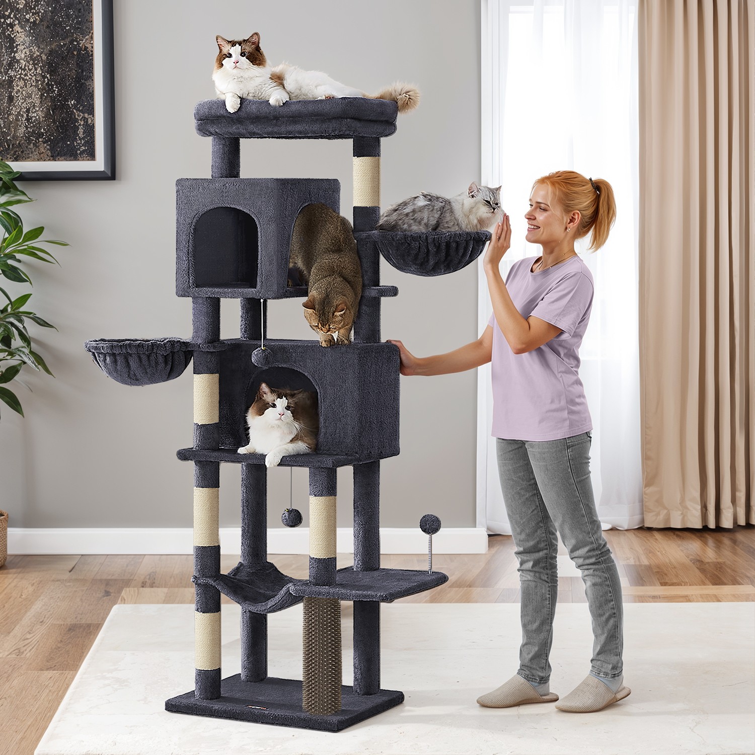 Cat Tree - MARRAE Multi Level Condo with 2 Caves - Dark Grey - Indigo Home