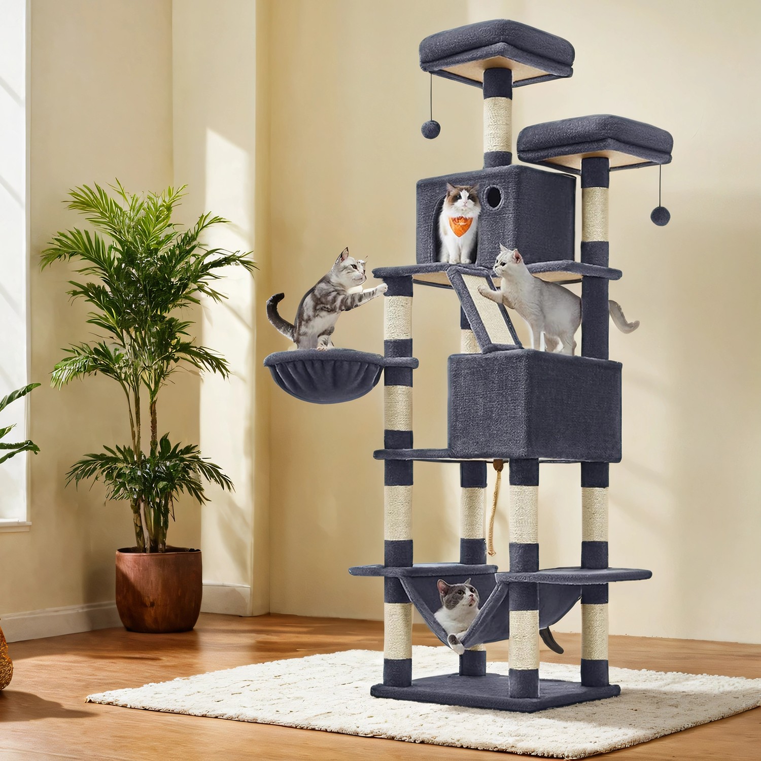 Cat Tree - MARRAE Large Tower Scratching Posts Perches Hammock - Dove Grey - Indigo Home