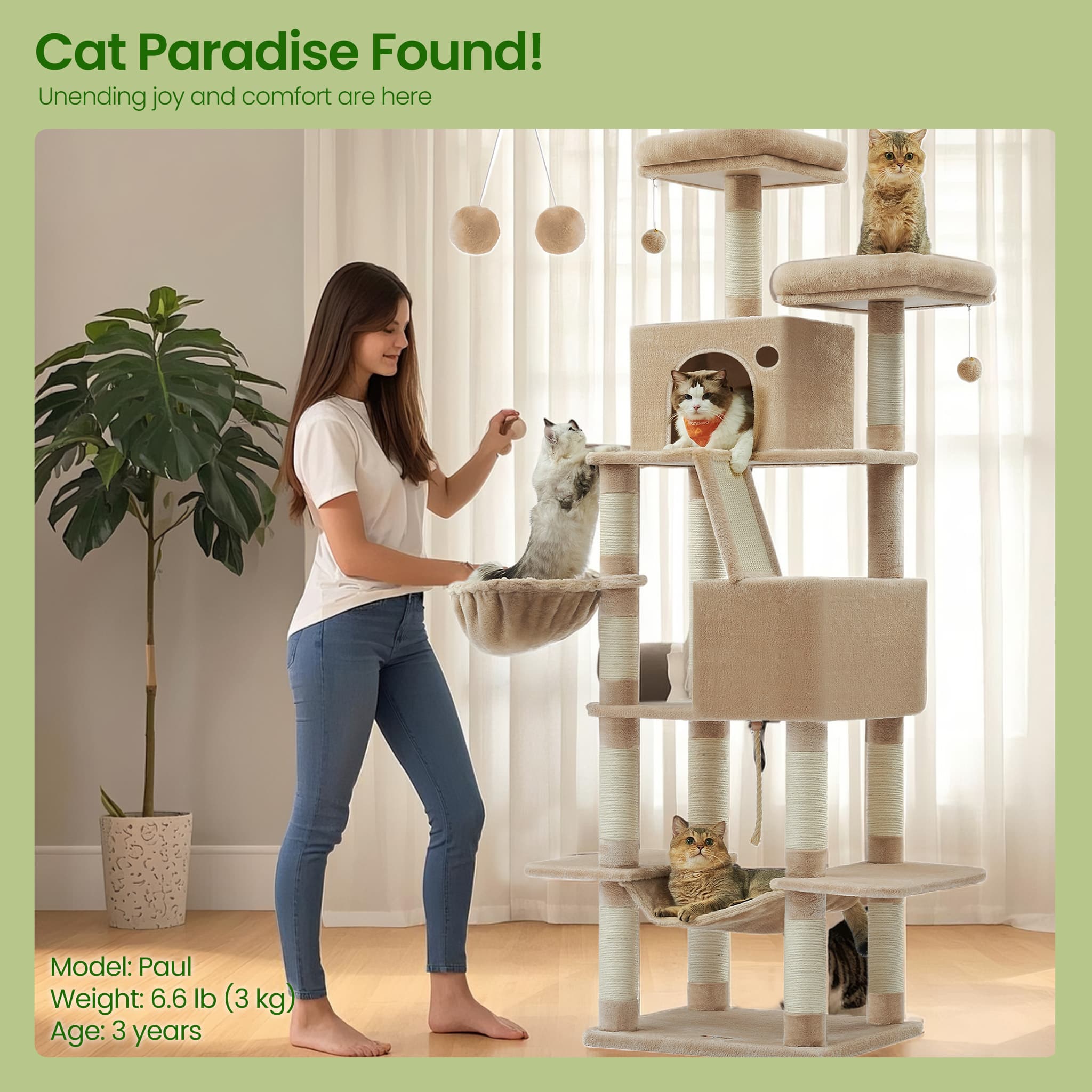Cat Tree - MARRAE Large Tower Scratching Posts Perches Hammock - Camel Brown - Indigo Home