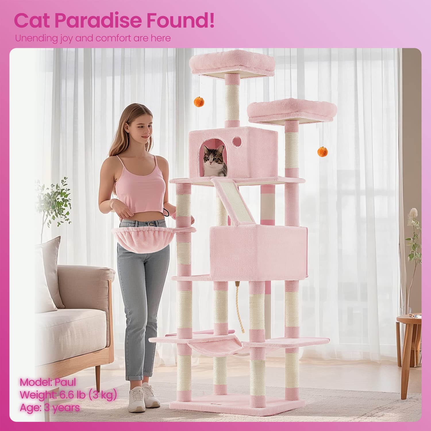 Cat Tree - MARRAE Large Tower Scratching Posts Perches Hammock - Jelly Pink - Indigo Home