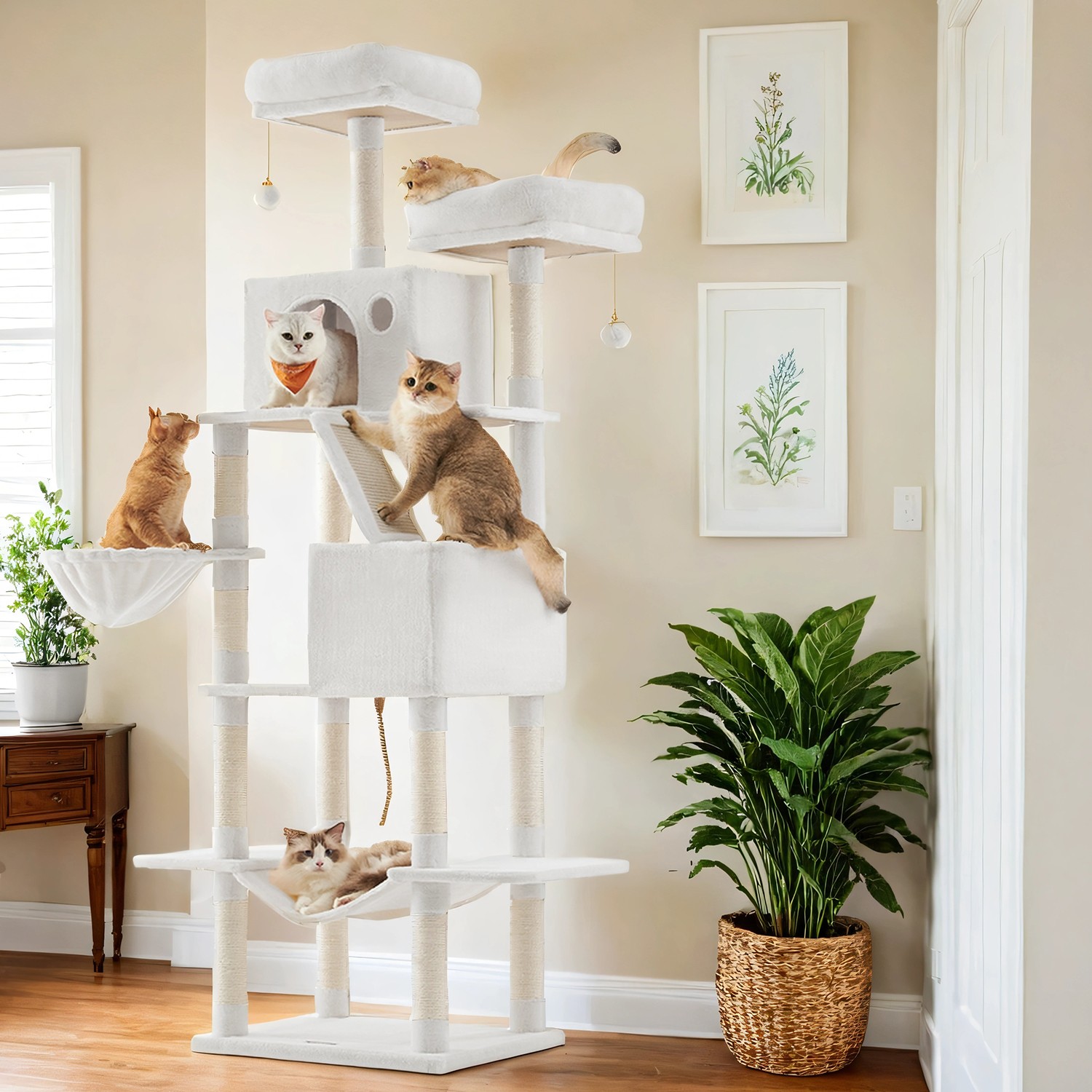 Cat Tree - MARRAE Large Tower Scratching Posts Perches Hammock - White - Indigo Home
