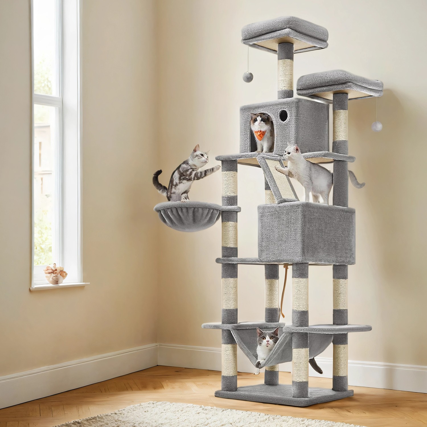 Cat Tree - MARRAE Large Tower Scratching Posts Perches Hammock - Grey - Indigo Home