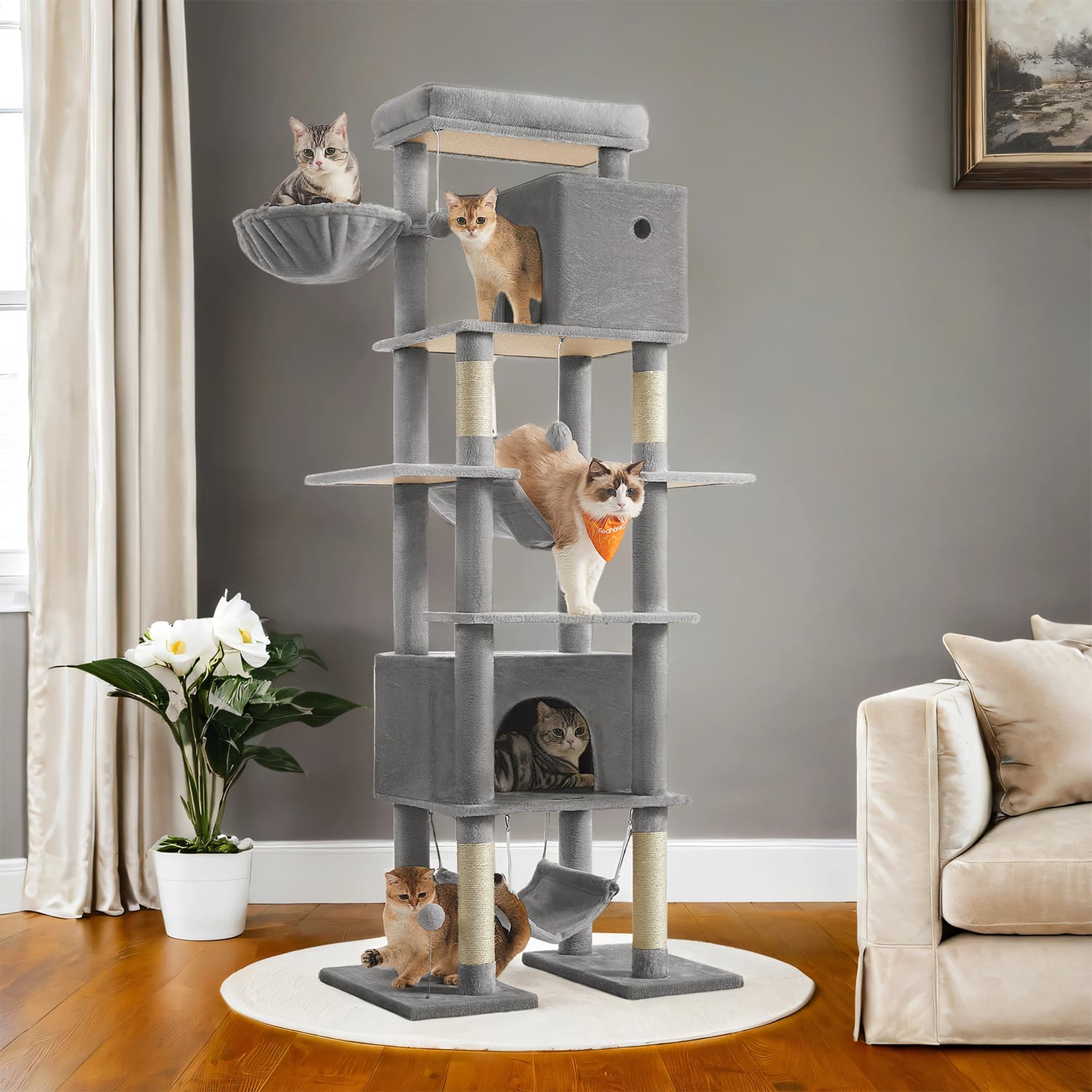 Cat Tree - MARRAE Tall Multi Level Tower with Scratching Post - Dove Grey - Indigo Home