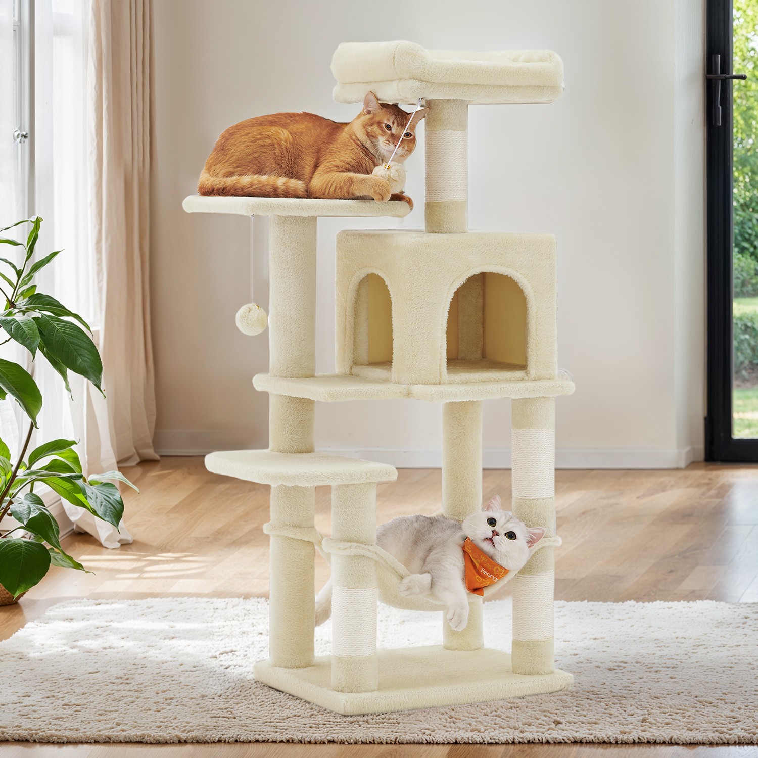 Cat Tree - MARRAE Multi Level Condo with 4 Scratching Posts and Hammock - Beige - Indigo Home