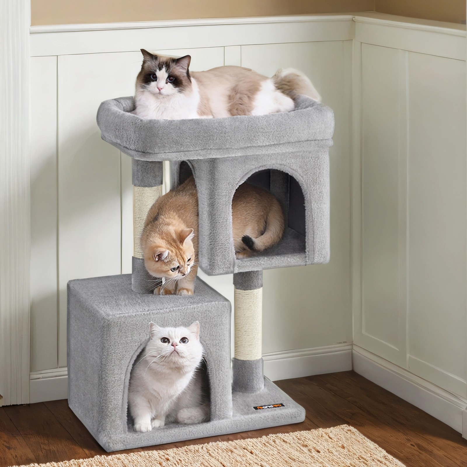 Cat Tree - MARRAE Tower Large Dual Compartment Cat Perch - Light Grey - Indigo Home