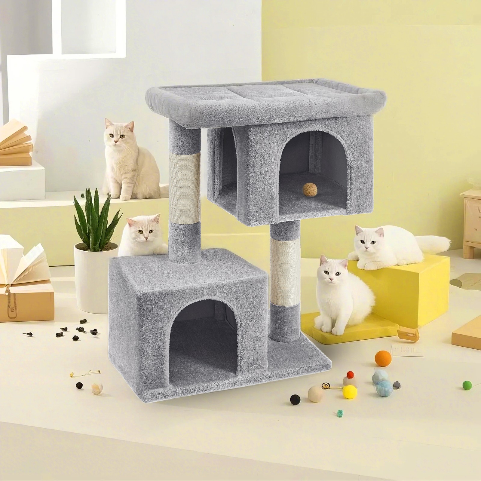 Cat Tree - MARRAE Tower Dual Door Cave Perch - Grey - Indigo Home