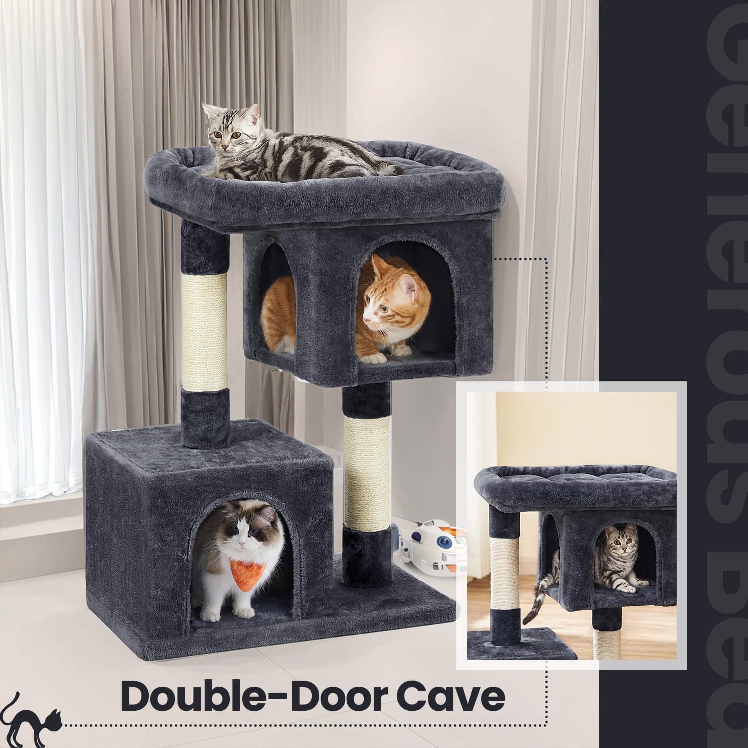 Cat Tree - MARRAE Tower Dual Cave Perch - Dove Grey - Indigo Home