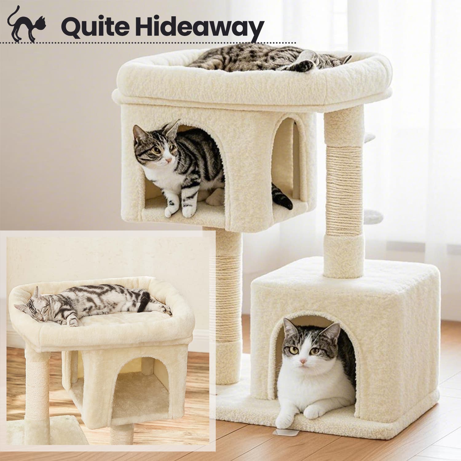 Cat Tree - MARRAE Tower Large Dual Compartment Cat Perch - Beige - Indigo Home