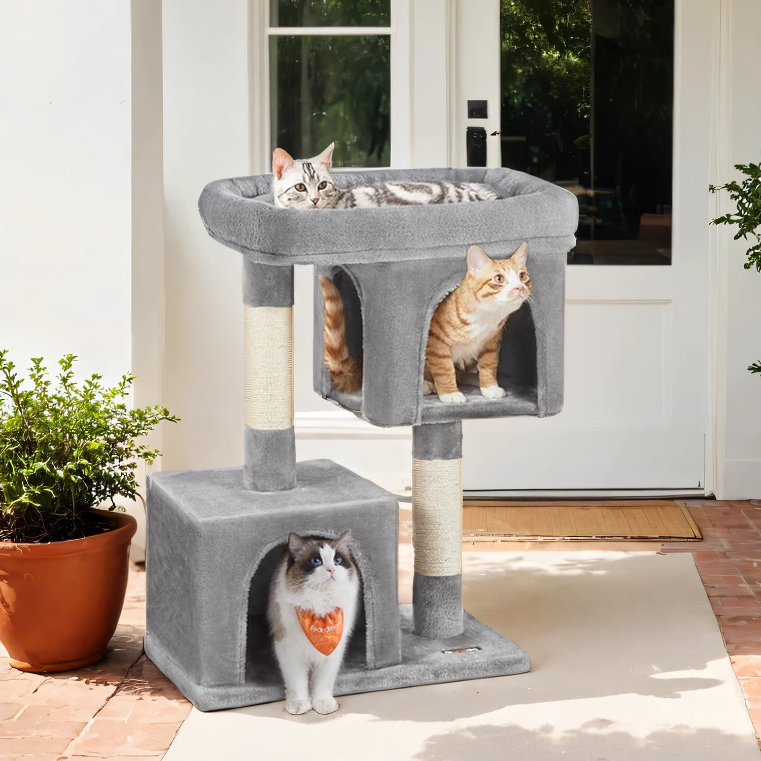 Cat Tree - MARRAE Tower Large Dual Compartment Cat Perch - Grey - Indigo Home
