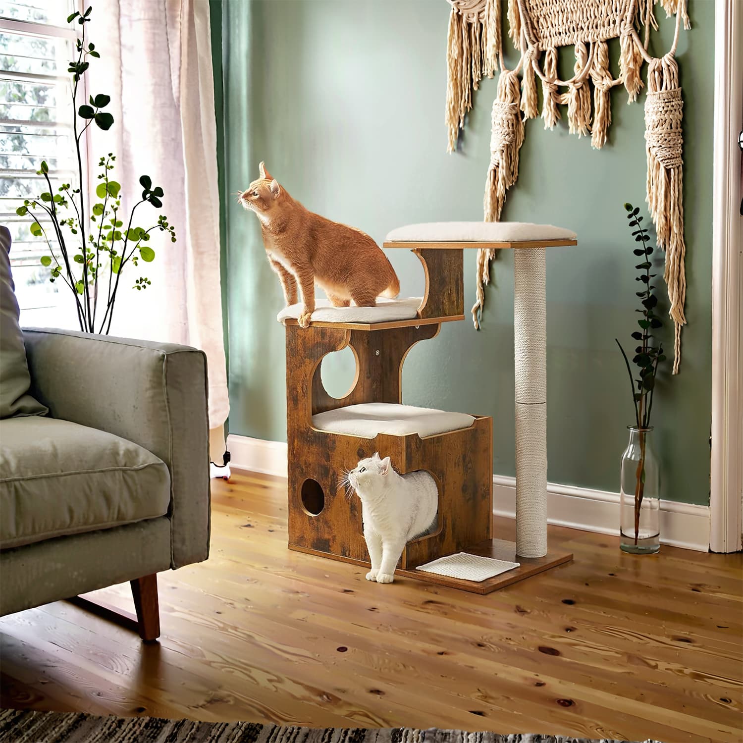 Cat Tree - MARRAE Modern Tower with Cat Cave and 3 Perches - Rustic Brown - Indigo Home