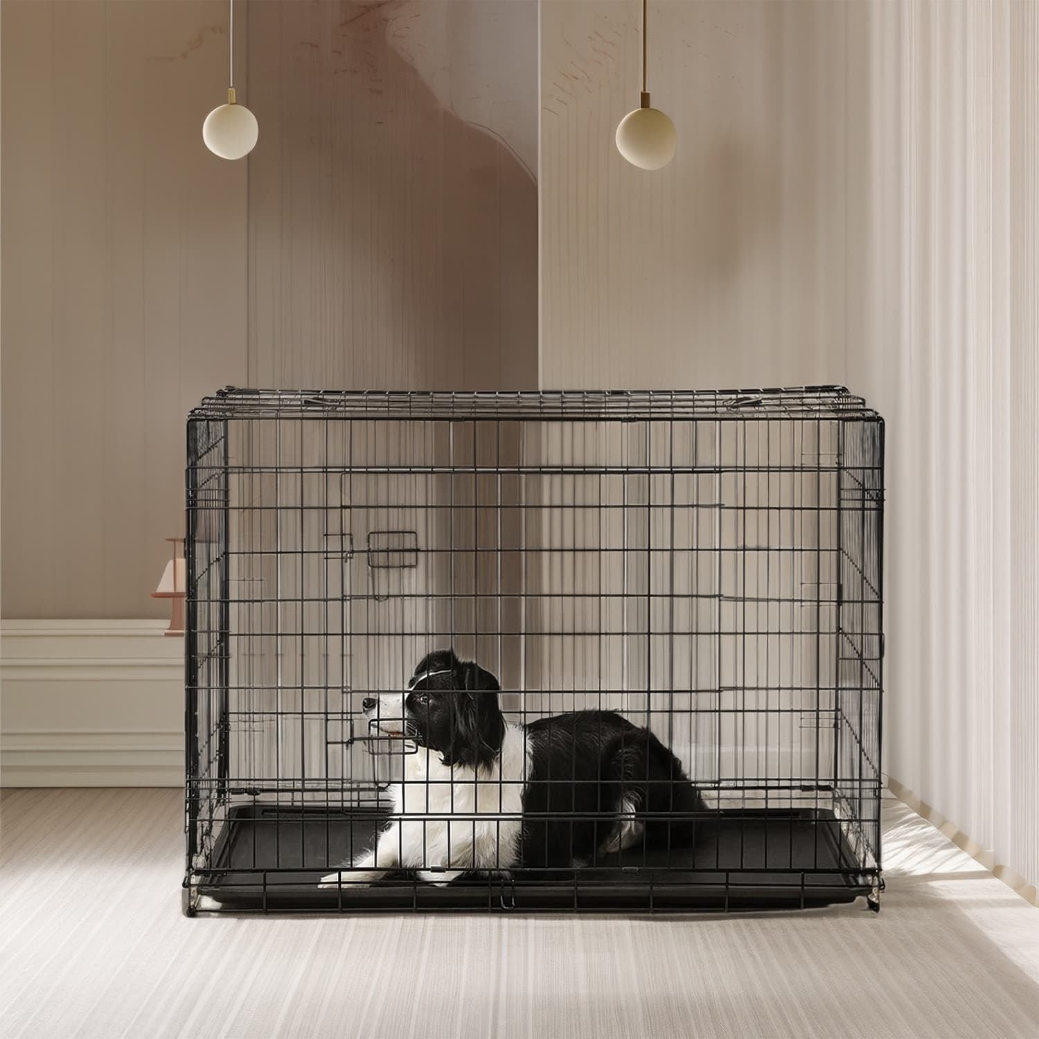 Dog Crate - MARRAE XL Foldable Metal Kennel with Removable Tray - Black - Indigo Home