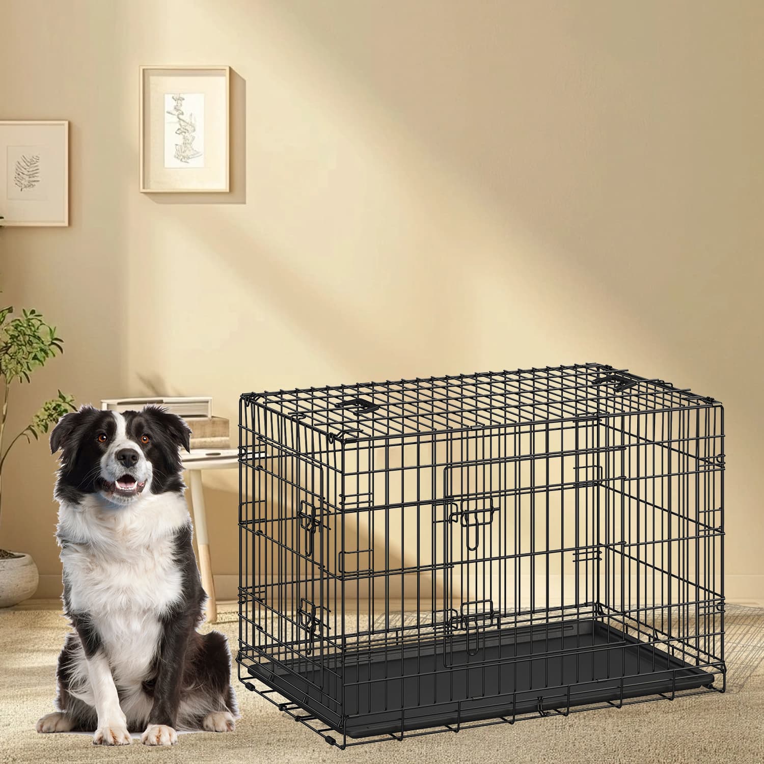 Dog Crate - MARRAE XXL Foldable Metal Kennel with Removable Tray - Black - Indigo Home