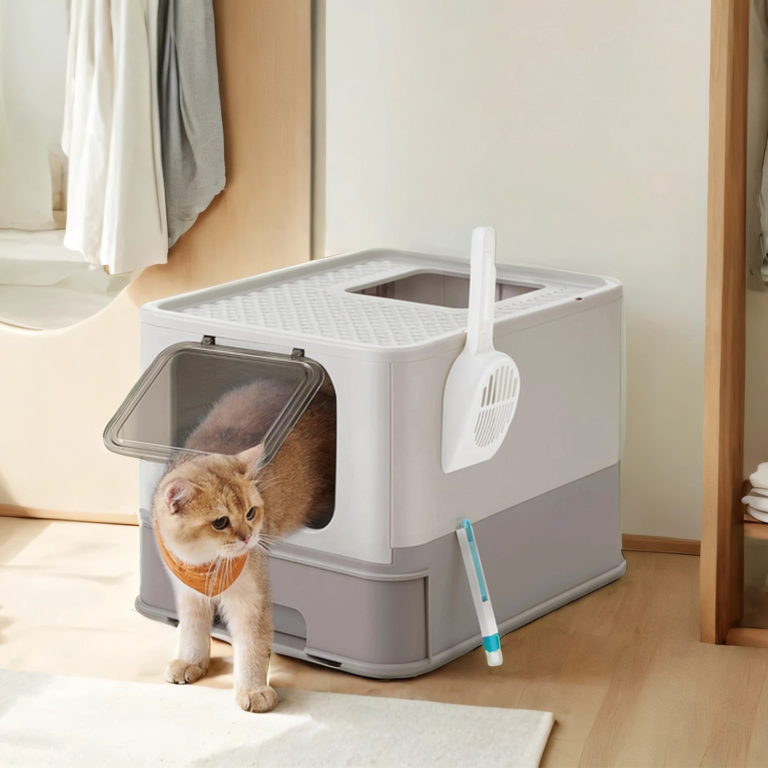 Cat Litter Box - MARRAE Enclosed Top Entry Litter Box with Slide-Out Tray - Dove Grey - Indigo Home