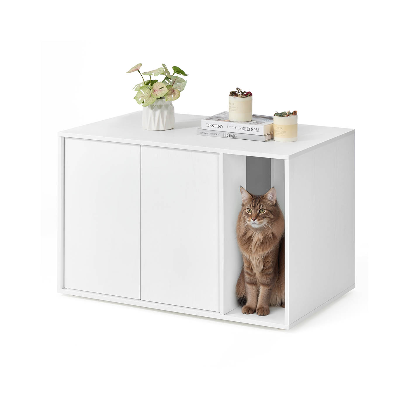 Cat Litter Box Enclosure - AVONZA Toolless Assembly Hidden Litter Box - Snow White - Indigo Home