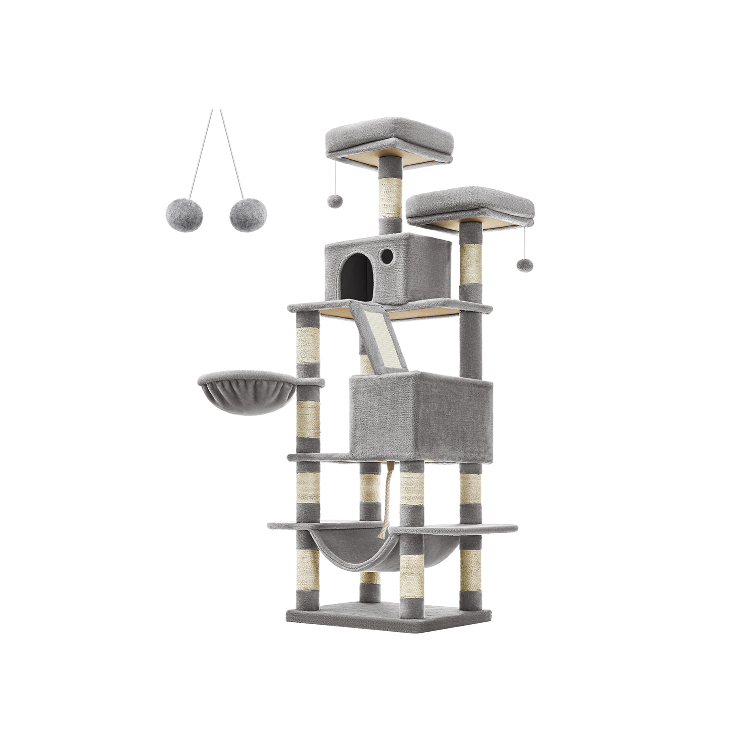 Cat Tree - FINRIA 168 cm Tall Tower with 13 Scratching Posts - Light Grey - Indigo Home