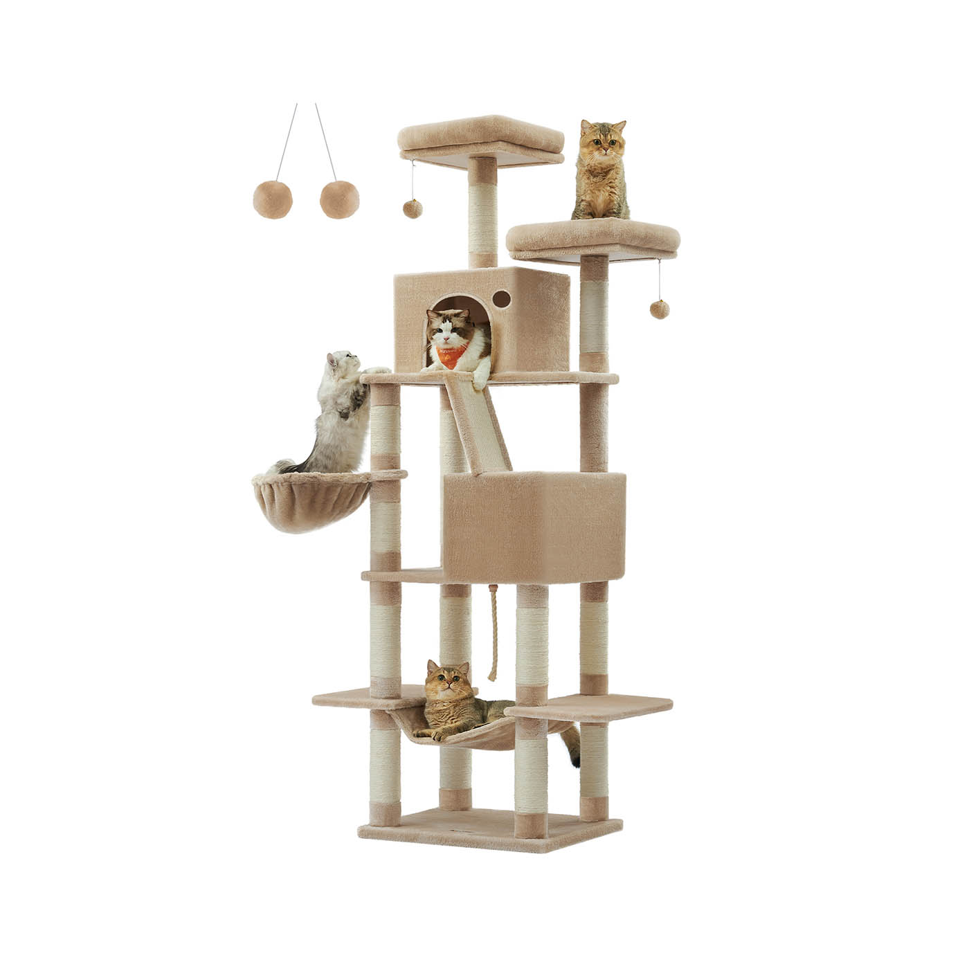 Cat Tree - FINRIA 206 cm Large Tower with 13 Scratching Posts - Camel Brown - Indigo Home