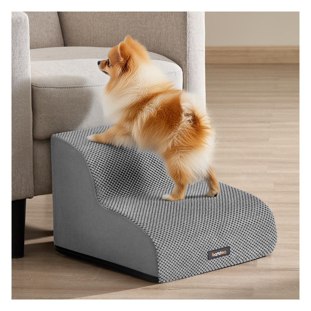 ROMOMY 2-Step Waffle Corduroy Dog Stairs for Bed - Dove Grey - Indigo Home