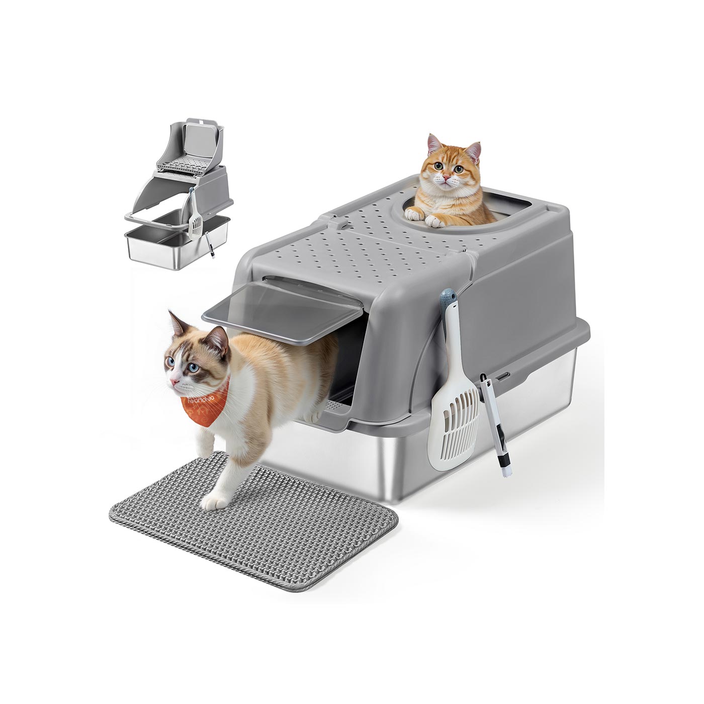 Cat Litter Box - SERZA Stainless Steel XL Flip Lid for Cats up to 15 kg - Dove Grey - Indigo Home