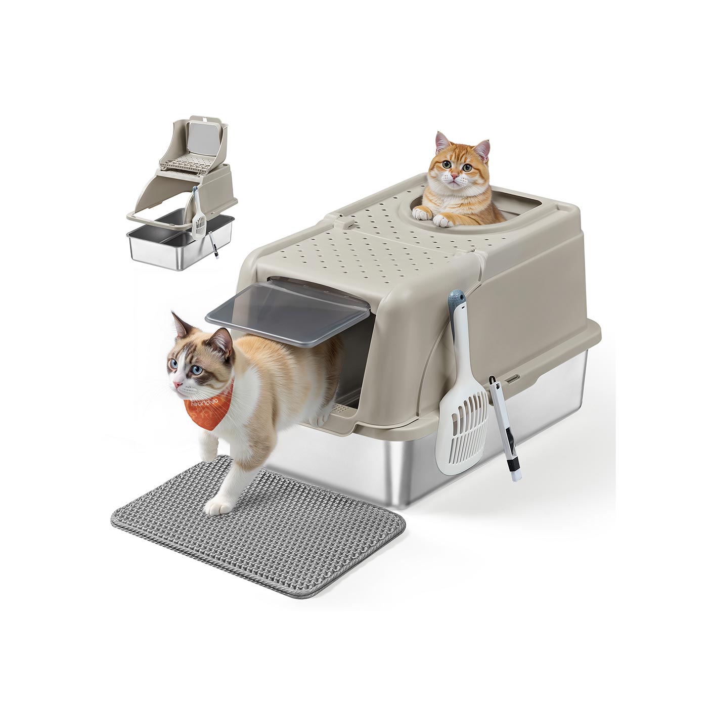 Cat Litter Box - SERZA Stainless Steel XL with Flip Lid for Cats up to 15 kg - Beige Cappuccino - Indigo Home
