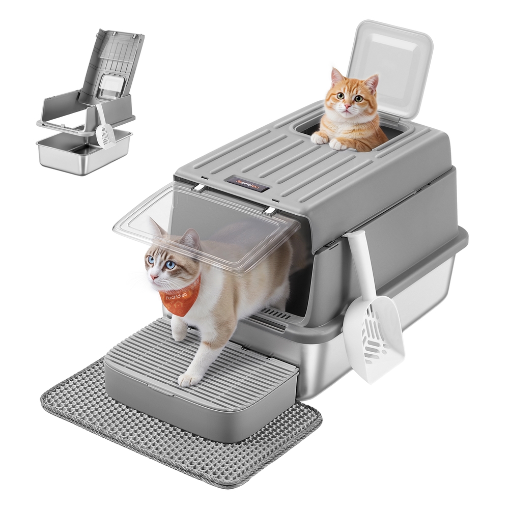 ROTIMA Stainless Steel Cat Litter Box with Flip Lid - Dove Grey - Indigo Home