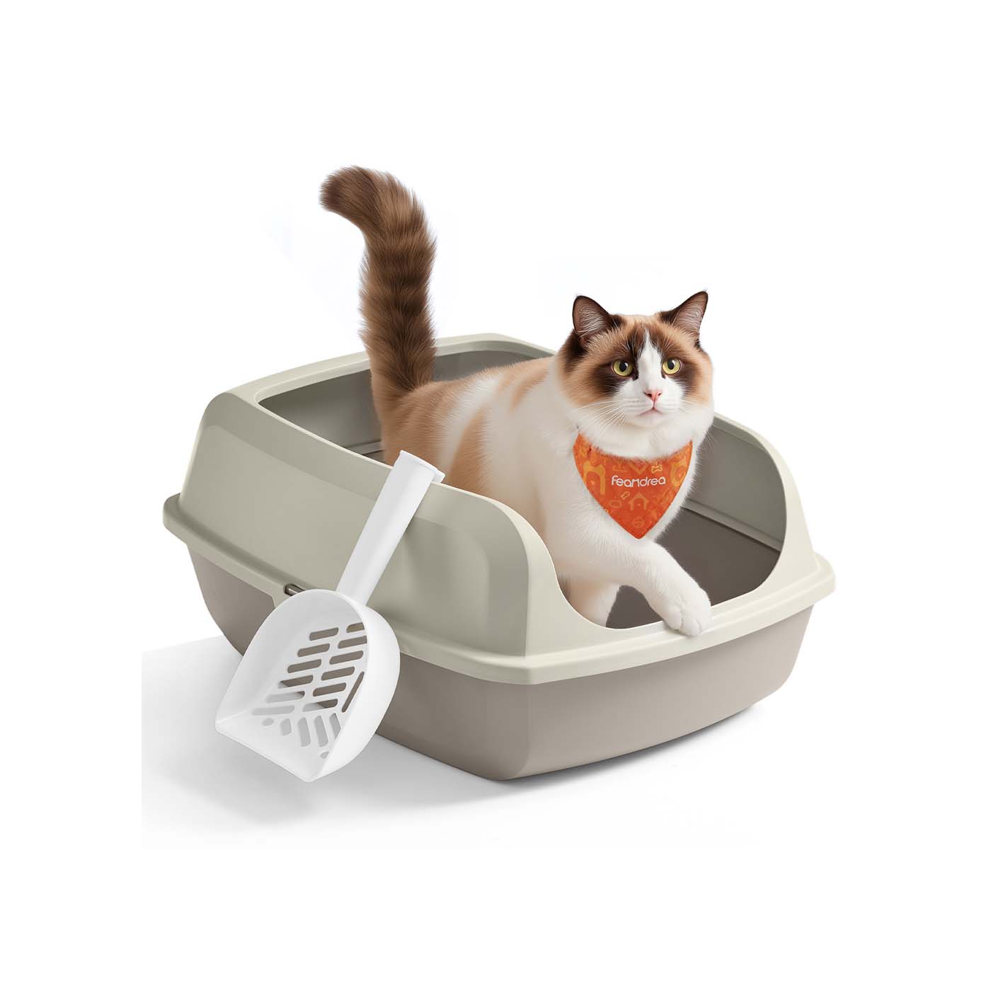 BRIARFORDE High Sided Open Cat Litter Tray with Scoop - Beige, 42cm - Indigo Home