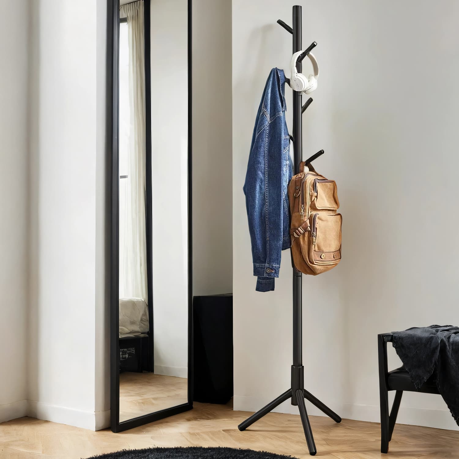 Coat Rack - ZARNIA Standing Solid Wood Tree-Shaped with 8 Hooks 3 Height Option - Black - Indigo Home