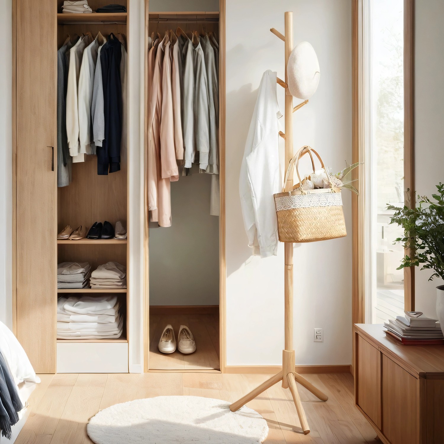 Coat Rack - ZARNIA Standing Solid Wood Tree-Shaped with 8 Hooks 3 Height Option - Natural - Indigo Home