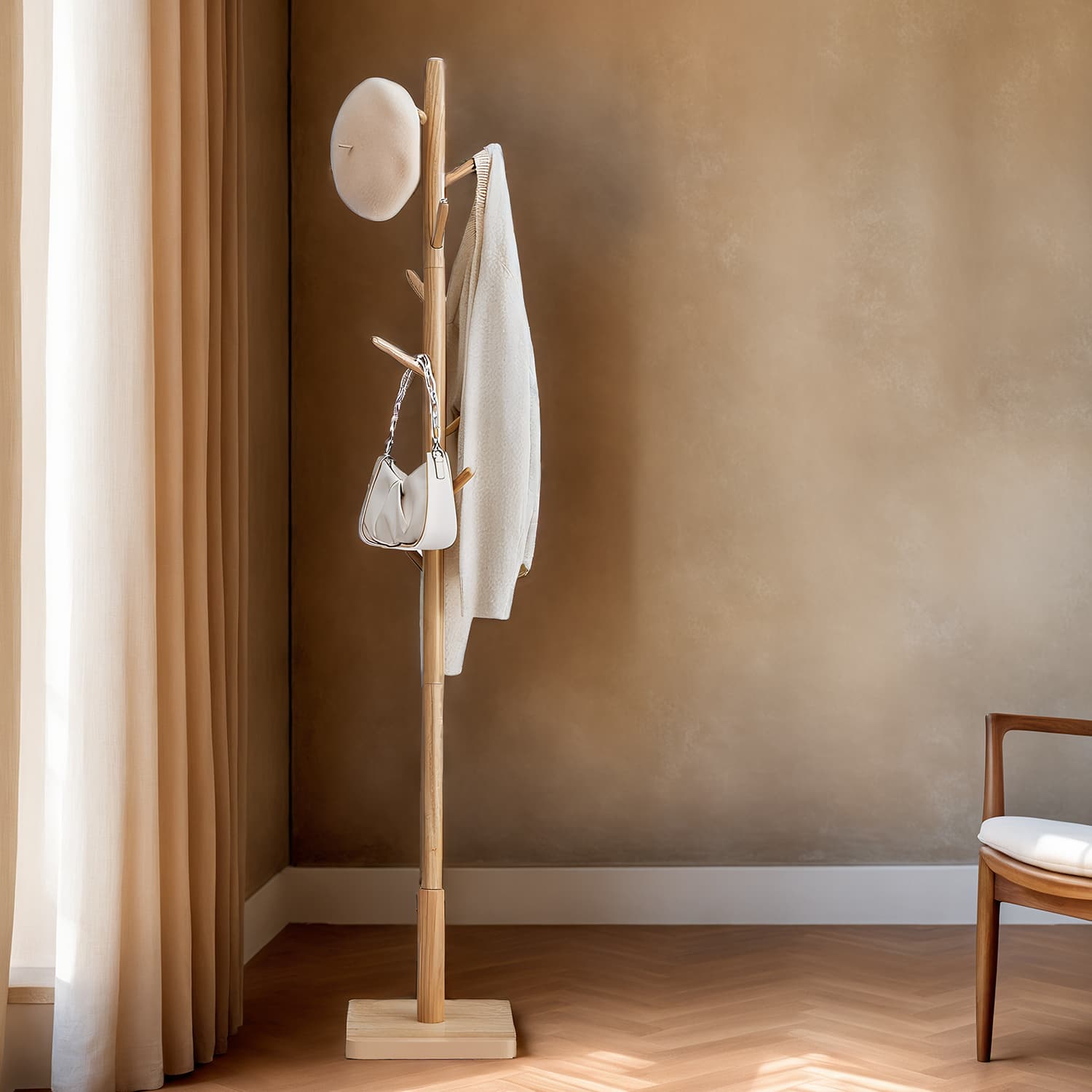 Coat Rack - ZARNIA Solid Wood Free Standing Hall Tree with 8 Hooks - Natural Beige - Indigo Home