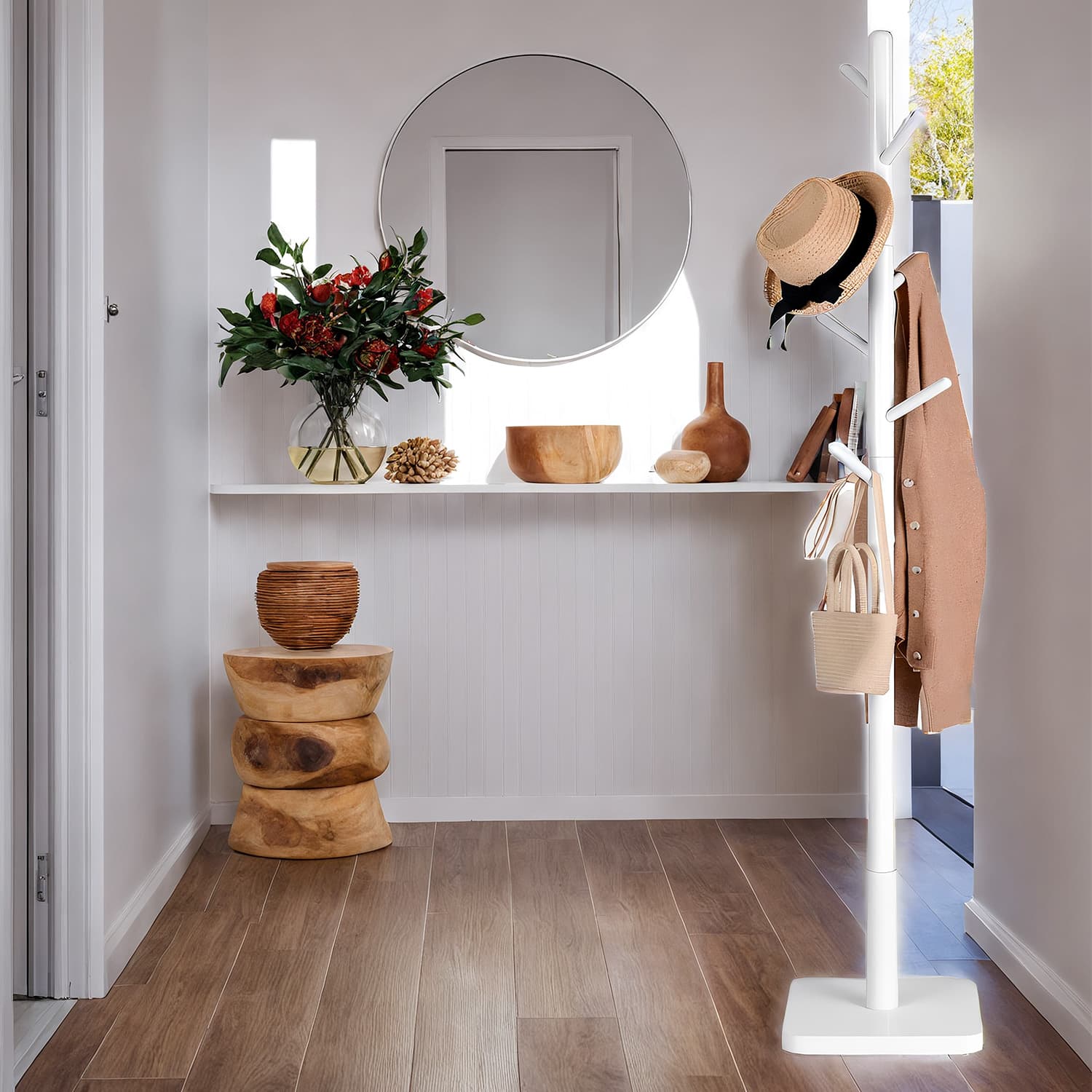 Coat Rack - ZARNIA Solid Wood Free Standing Hall Tree with 8 Hooks - White - Indigo Home