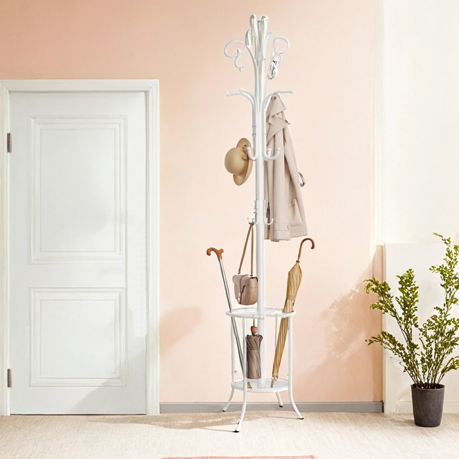 Coat Rack - ZARNIA Freestanding Metal Stand with Umbrella Holder and 12 Hooks - White - Indigo Home