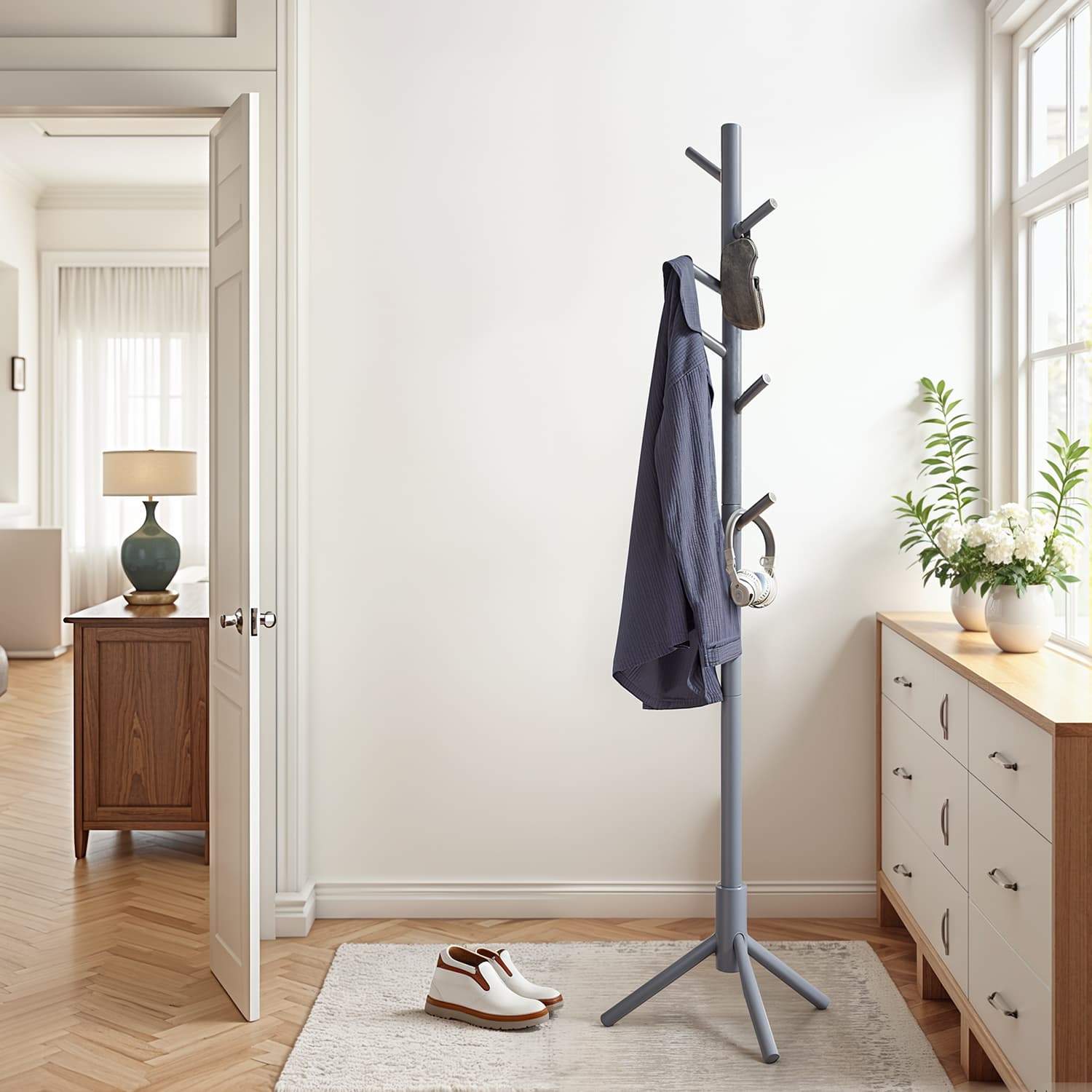 Coat Rack - ZARNIA Solid Wood Coat Rack Grey - Indigo Home