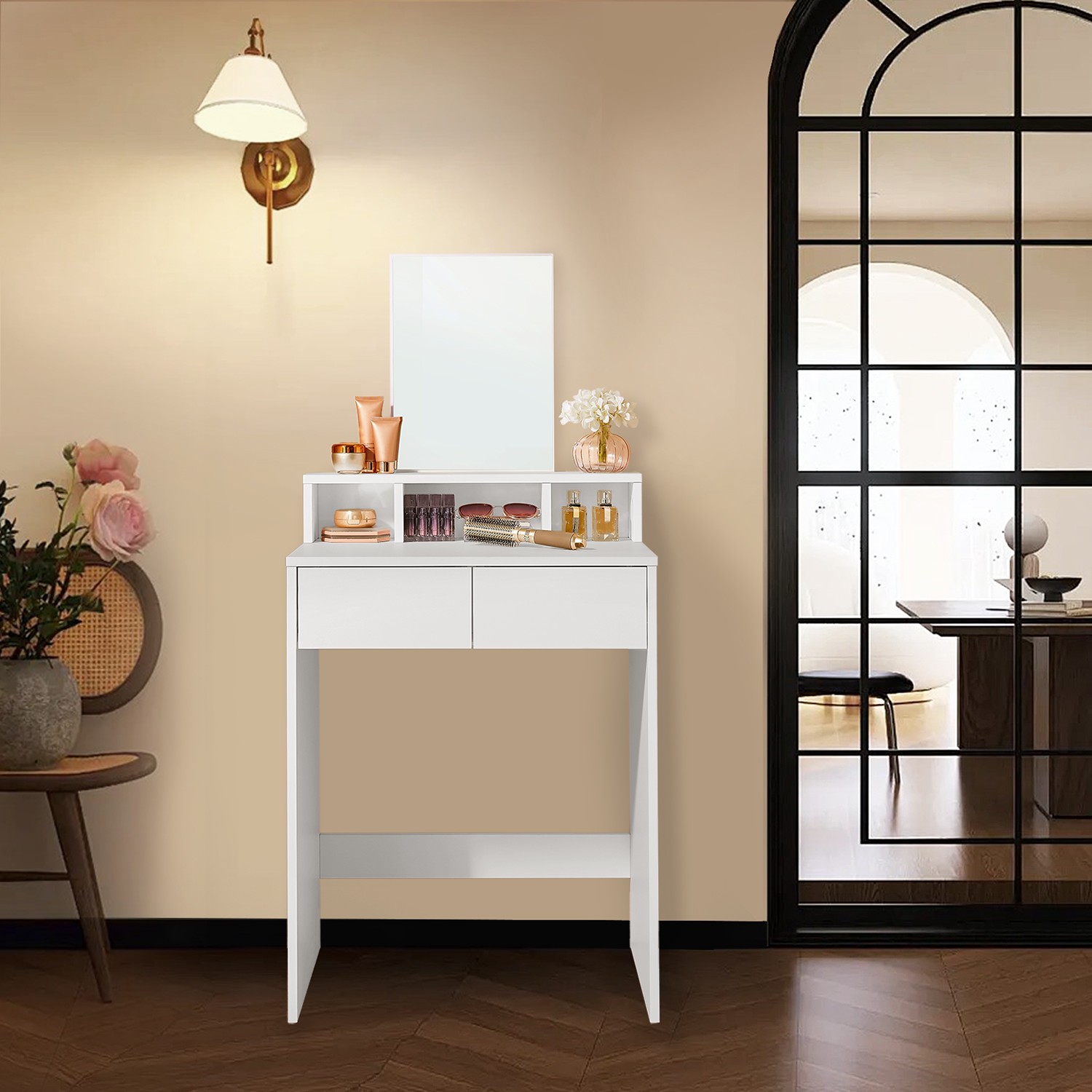 Dressing Table - ZARNIA Large Mirror 2 Drawer 3 Compartment - White - Indigo Home