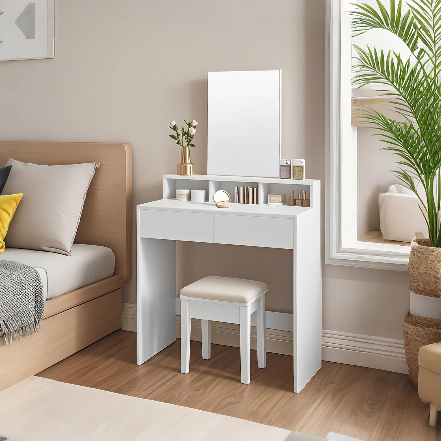 Vanity Desk - ZARNIA Large Mirror and Drawer Desk - White - Indigo Home