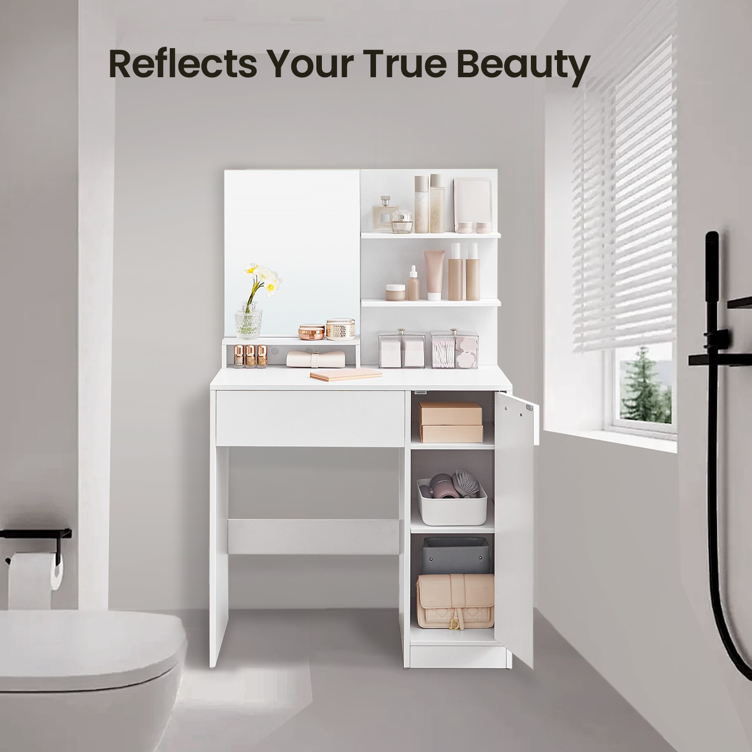 Vanity Table - ZARNIA Dressing Table With Mirror, 1 Drawer and 2 Shelves - White - Indigo Home