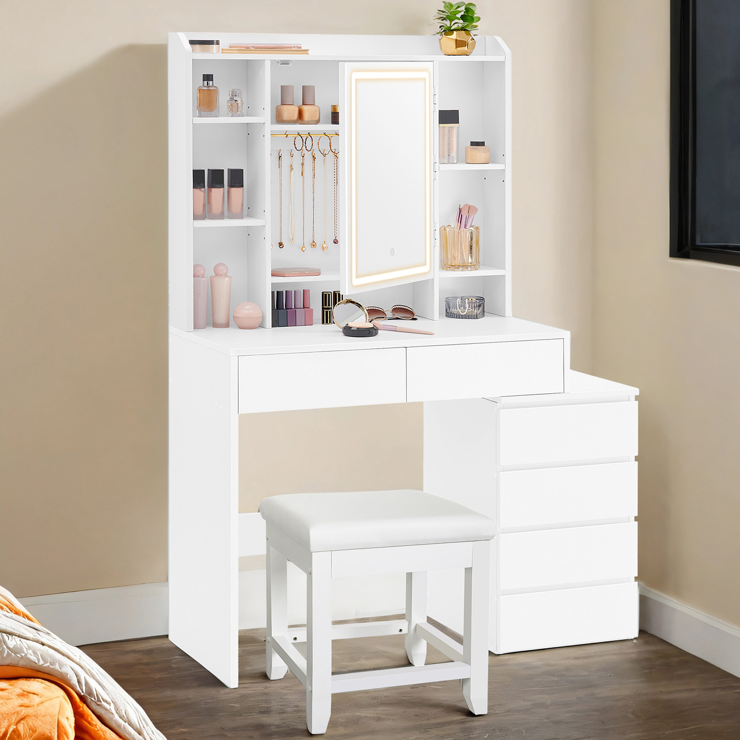 Makeup Desk - ZARNIA Modern Vanity with Mirror and LED Lights 98cm - White - Indigo Home