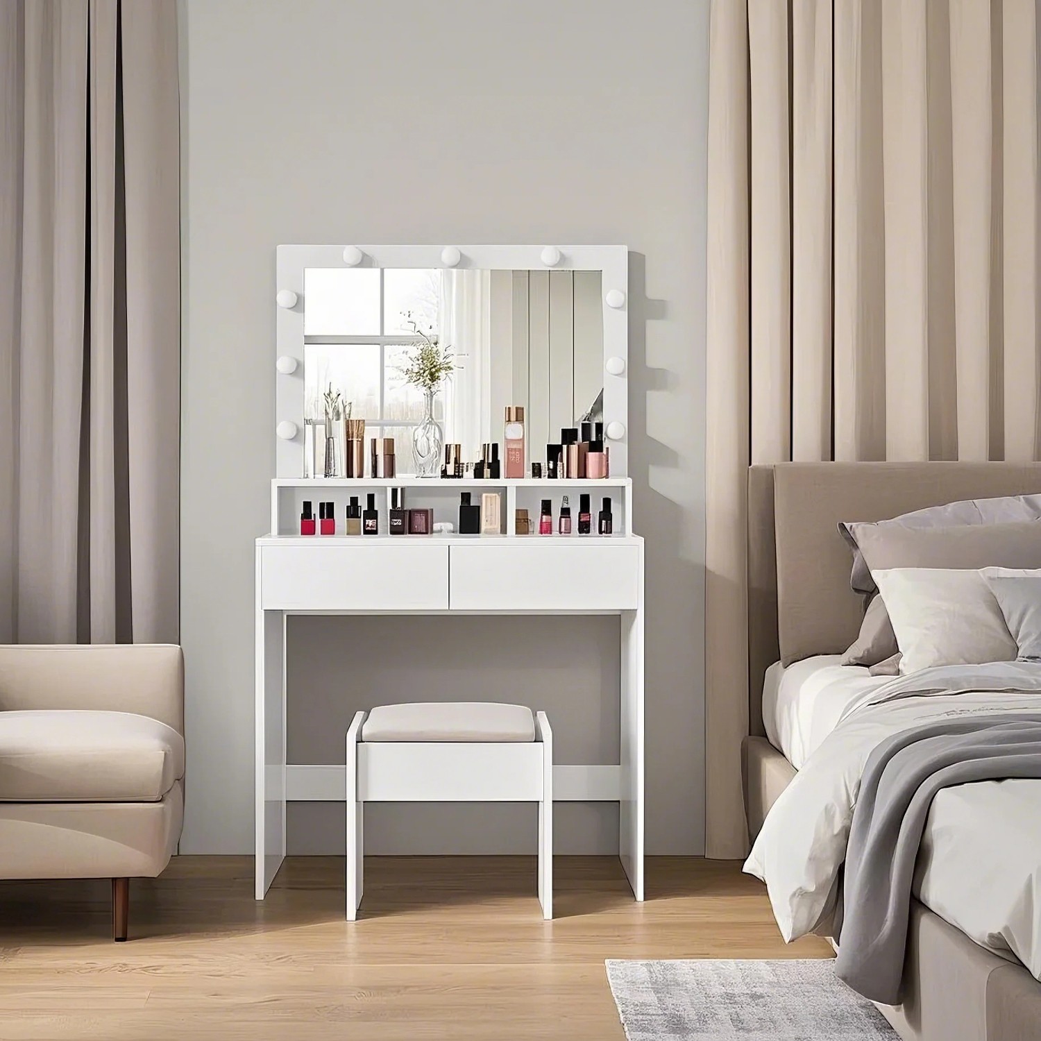 Vanity Table - ZARNIA Large Mirror LED Lights 2 Drawers 3 Compartments - White - Indigo Home