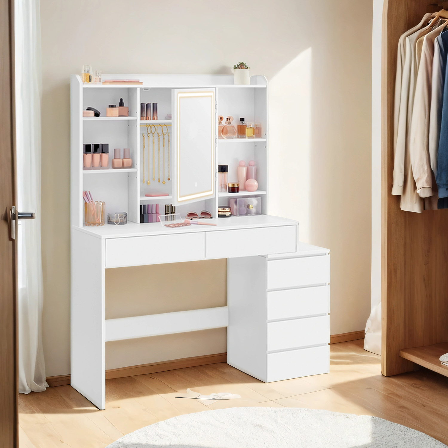 Makeup Desk - ZARNIA Modern Vanity with Mirror and LED Lights 118cm - White - Indigo Home